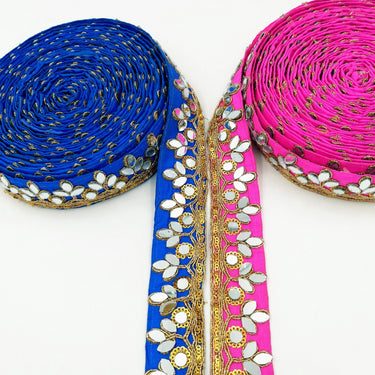 Fuchsia Pink Silk Trim With Mirrors Embellishments and Gold Embroidery, Approx. 34mm Wide, Decorative Trim Costume Trim Fashion Trim By Yard